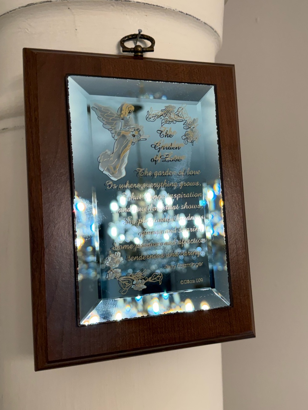 Vintage Engraved Angel Mirrored Plaque in Wood Frame - Blue Mirror